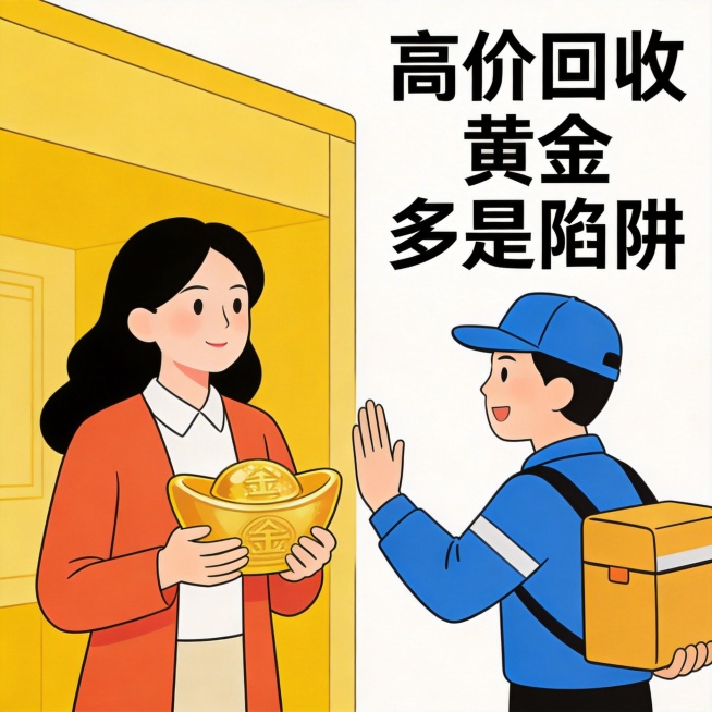 简约反诈宣传插画，画面呈现女士手持黄金，快递员伸手劝阻，旁配文字“高价回收黄金多是陷阱”预览效果