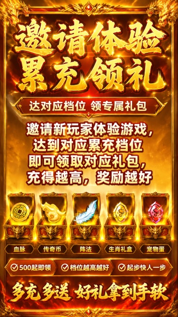 土味复古传奇游戏活动海报，整体更亮一些，风格和版式参考图7，保留参考图的版式骨架，红金配色，浓郁传奇游戏氛围。顶栏大字体主标题"邀请体验 累充领礼"，副标题"达对应档位 领专属礼包"，主文案"邀请新玩预览效果