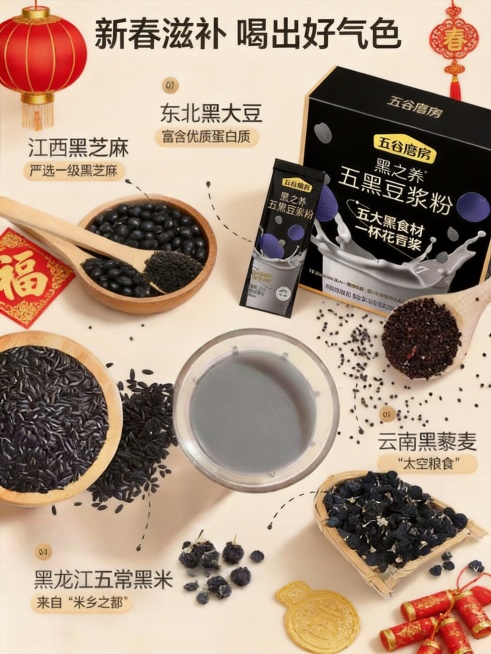 将图1的五黑豆浆粉产品融入图2的五黑食材场景中，添加红色灯笼、金色福字、鞭炮等新春元素，整体色调温暖喜庆，打造具有年味的新春电商主图，画面上方添加文案"新春滋补 喝出好气色"预览效果
