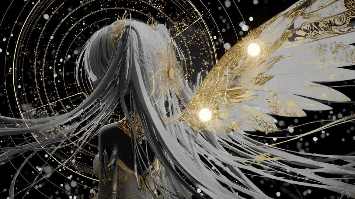 Ethereal anime silhouette of Kaname Madoka, long flowing silver hair adorned with intricate golden l预览效果