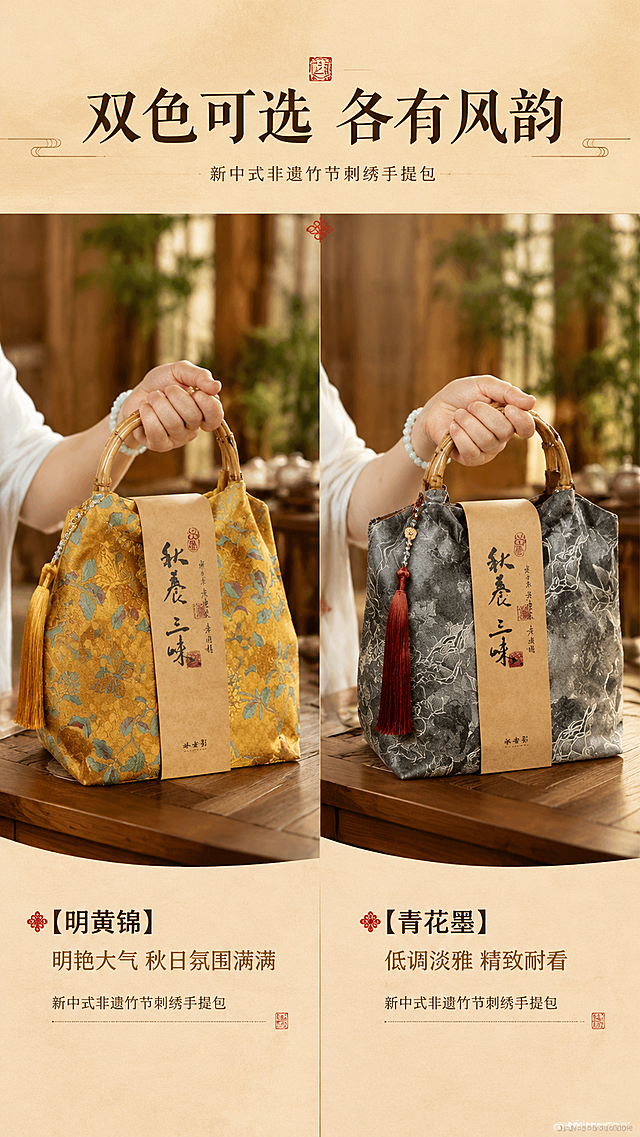 [商品] 使用【图5】明黄锦与青花墨双款手提包对比展示；保留明黄锦款（金黄底蓝绿花叶刺绣+金色流苏）与青花墨款（深灰底银白花卉刺绣+酒红流苏）的颜色、面料纹理、竹节把手、牛皮纸腰封及书法文字；商品处理：增强两款面料刺绣纹理与织物质感，提亮竹节把手温润光泽，理顺流苏垂坠感，不改变包型与结构。
[画面] 目标为双色手提包对比展示页，左右分栏构图，左为明黄锦款、右为青花墨款，两款手提包各占画面约45%，由人物双手分别持握展示；背景为虚化的中式茶空间木桌与绿植；阅读动线从左至右对比浏览。
[视觉] 套系策略：风格=新中式东方雅致商业摄影；标题字=书法宋体结合的东方衬线粗体；正文字=简洁宋体正文；主色=暖金黄+深木棕；背景延展=基于暖金黄与深木棕做深浅层级、同色渐变和宣纸/木纹质感；强调色=朱砂红，仅用于小面积印章、引线和色号标签；标题色=深墨棕；正文色=暖灰棕；组件=宣纸底纹色号卡、细线引线、朱砂印章点缀；光影=左前侧暖柔光，右侧补光，两款包光照均匀。
[文字] 顶部主标题「双色可选 各有风韵」；左下方配「【明黄锦】明艳大气 秋日氛围满满」，右下方配「【青花墨】低调淡雅 精致耐看」；每款下方加小字说明「新中式非遗竹节刺绣手提包」；文字横向排版，不遮挡手提包主体与刺绣图案。
[规格] 图片比例9:16竖版，4K，medium；避免变形、错字、文字过小、颜色偏差、包型失真。