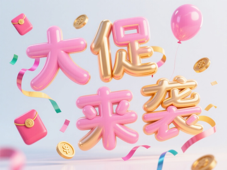 “大促来袭”造型的三个气球字，文字粉金，四周有漂浮在彩带、金币、粉色红包和气球，亮色背景预览效果