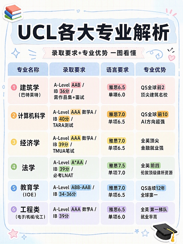 基于参考图1，仅修改主标题文字，其余版式、配色、表格内容、装饰元素、序号全部保持不变。主标题改为：「UCL各大专业解析」，字体样式、大小、位置、描边效果与原图完全一致。副标题、表格、背景、装饰贴纸等所有其他元素保持原样不动。