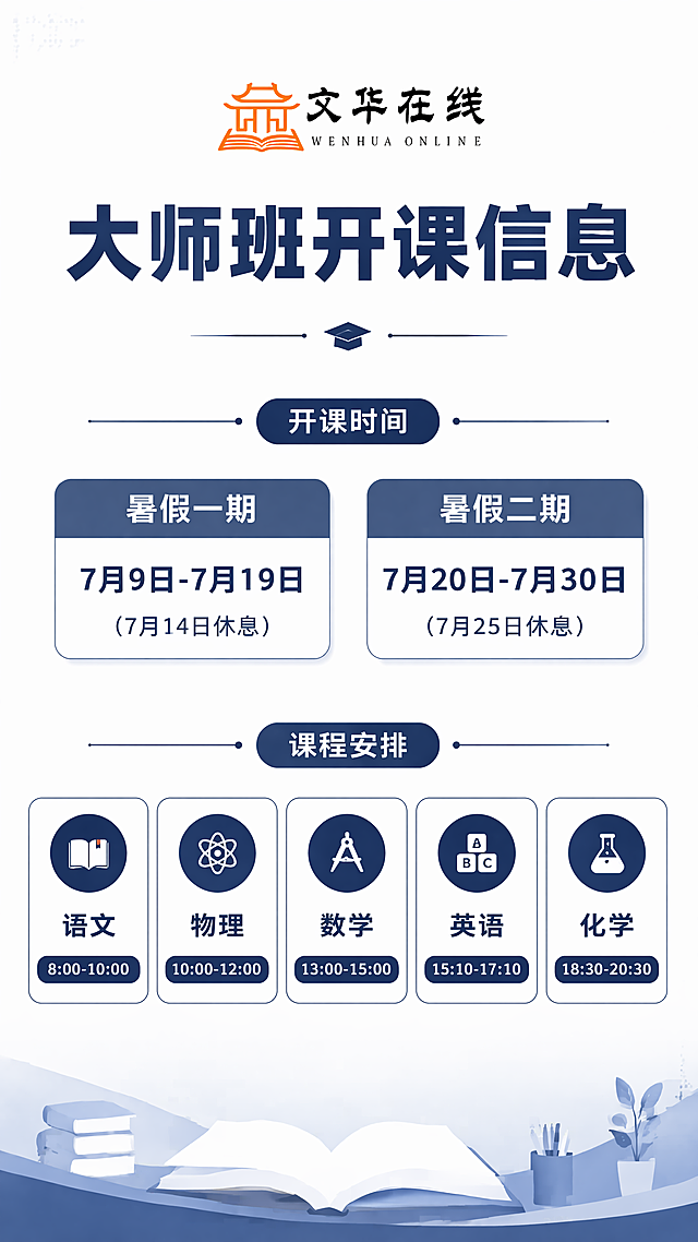 专业简约教育风大师班课程安排海报，9:16竖版，顶部放置"文华在线"橙色建筑书本logo，主标题为"大师班开课信息"，排版精美清晰。将开课时间和课程安排做横排排列：
第一行：暑假一期 7月9日-7月19日（7月14日休息）  暑假二期 7月20日-7月30日（7月25日休息）
第二行：语文 8:00-10:00  物理 10:00-12:00  数学 13:00-15:00  英语 15:10-17:10  化学 18:30-20:30
整体风格专业干净，深蓝色教育风格，所有文字清晰可读，排版整齐，横排均匀分布，四边留足安全边距。
