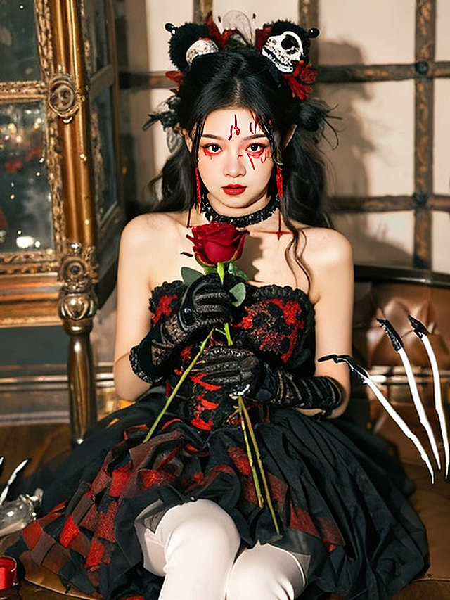 哥特风少女手持红玫瑰，黑红刺绣礼服搭配皮影式骷髅发饰，油画质感中透出复古奢华与神秘气息，暗藏节日暗黑美学。