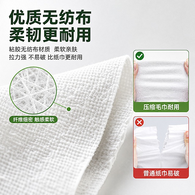 [主图-3] 材质品质图，展示压缩毛巾的无纺布材质细节与耐用性。
[统一基调] 1688 B端源头感，洁净实用风格，背景以浅灰白渐变为主，标题字色深墨绿，辅助字色深灰，强调色清新绿，字体为无衬线粗体，字号层级分明，图标为简约线性图标，整体清爽通透、专业靠谱。
[画面] 画面主体为展开的压缩毛巾局部特写，占据画面约70%，采用45度斜角视角，清晰展示无纺布的纤维网格纹理，毛巾表面有自然的凹凸肌理；画面左侧用放大镜效果圈出毛巾纤维细节，放大区域内可见细密的粘胶纤维结构；右侧放置一张被轻微拉扯的毛巾边角，展示韧性和不易撕裂的特性；旁边对比一张普通纸巾被拉扯后破损的状态，突出"比纸巾更耐用"的卖点；背景为纯净浅灰色，底部有柔和阴影。
[光影质感] 微距摄影质感，侧逆光打在毛巾纤维上，形成清晰的纹理轮廓，纤维边缘有细微高光，毛巾质感柔软蓬松但结构紧密，放大镜区域细节锐利清晰。
[配色] 背景浅灰，毛巾本白，标题深墨绿，强调色清新绿，对比元素用浅红色标注普通纸巾的破损处。
[文字版式] 顶部左侧大标题："优质无纺布 柔韧更耐用"，字体粗黑无衬线；标题下方分两行小字："粘胶无纺布材质 柔软亲肤""拉力强 不易破 比纸巾更耐用"；放大镜旁标注"纤维细密 触感柔软"；对比区标注"普通纸巾易破"和"压缩毛巾耐用"。
[输出要求] 比例1:1，2048x2048，文字清晰可读，材质细节清晰，无错字，无水印，无平台Logo，无多余杂物。