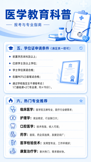 制作一张教育科普图文，和前面保持统一浅蓝简约干净风格，包含完整文案：五、学位证申请条件（满足其一即可） 前置学历本科及以上；已获学士及以上学位；学士学位英语合格；在籍PETS三级笔试合格；通过学校指定预览效果