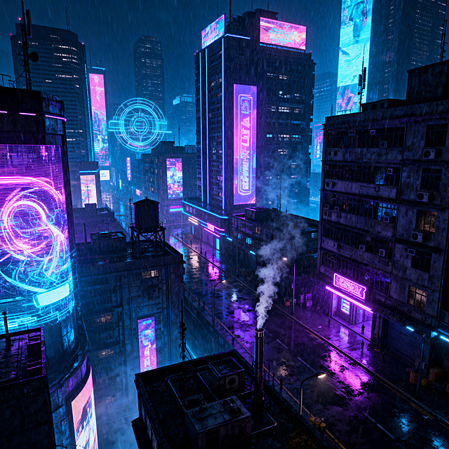 赛博朋克风格游戏CG背景，未来都市夜景，闪烁的霓虹灯广告牌，多彩霓虹光效，高楼摩天建筑群，潮湿反光的街道，科幻感未来场景，高科技低生活氛围，细腻光影效果，高细节渲染