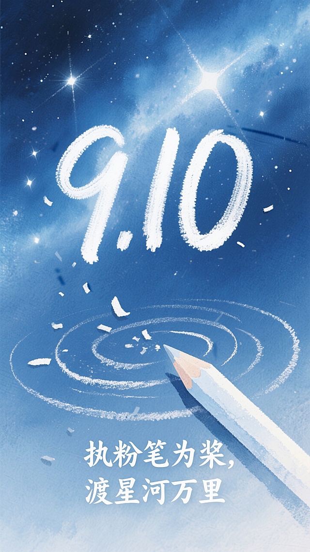 梦幻水彩插画风，大字“9.10”闪耀星空，粉笔绘梦，教师节创意设计。