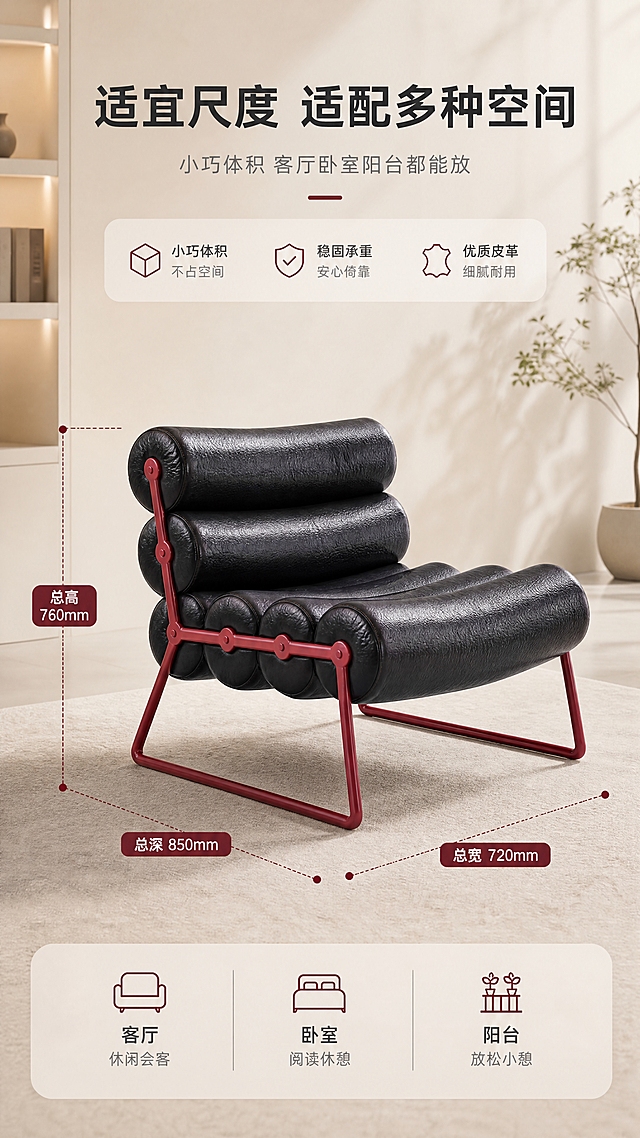 [商品] 使用【图1】B款黑色休闲椅；保留整体结构、颜色、材质、比例；增强皮革纹理与金属质感，不改变结构。
[画面] 目标：空间尺度页，尺寸标注与空间适配展示。构图：上文下景，顶部文案区，下方产品侧视+尺寸引线标注；产品占画面约50%，正侧视角度。前中后景：前景简约地面，中景休闲椅侧视+虚线尺寸标注，后景浅色系空间背景+比例尺参考。
[视觉] 套系策略：风格=高级大气轻奢商业摄影；标题字=现代无衬线粗体；正文字=简洁无衬线体；主色=酒红+米白；背景延展=基于米白、浅杏做深浅层级、同色渐变和细腻墙面质感；强调色=酒红色，仅用于小面积图标、引线和标签；标题色=深炭灰；正文色=中暖灰；组件=圆角浅底信息卡、细线引线；光影=正侧暖柔光，清晰展示轮廓。
[文字] 顶部文案区：主标题「适宜尺度 适配多种空间」（10字），副标题「小巧体积 客厅卧室阳台都能放」（14字）。产品周围用引线标注尺寸：总宽720mm、总深850mm、总高760mm。底部配2个空间适配图标：客厅/卧室/阳台。文字不遮挡产品主体。
[规格] 图片比例9:16竖版，4K分辨率，中文文案，避免变形、错字、文字过小、冷蓝/蓝灰背景、产品颜色改变、结构失真、极限词。