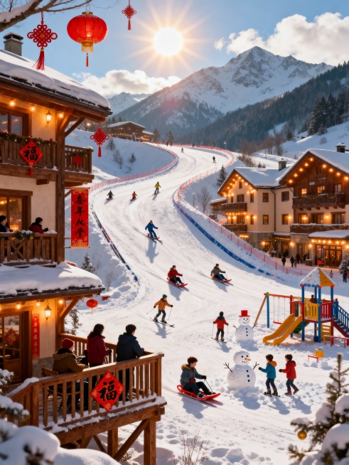 滑雪度假村场景，包含高低起伏的雪坡和多条滑雪道。有大人和小孩在不同难度的雪坡上滑雪或玩雪橇。一些人站在木制观景台上观看景色或休息。设有儿童游乐区，内有小型雪人和几个孩子在堆雪人、打雪仗。度假村建筑采用预览效果