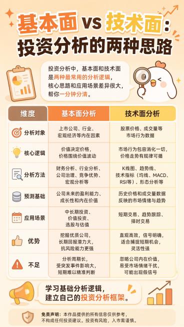 生成一张9:16竖版金融投教知识卡片长图，纯净无水印、无手机状态栏、无边框。主题：投资分析基本面和技术面的区别，面向小红书年轻读者手机阅读，风格活泼年轻化，排版宽松不拥挤，清晰讲解投资分析中基本面和技预览效果