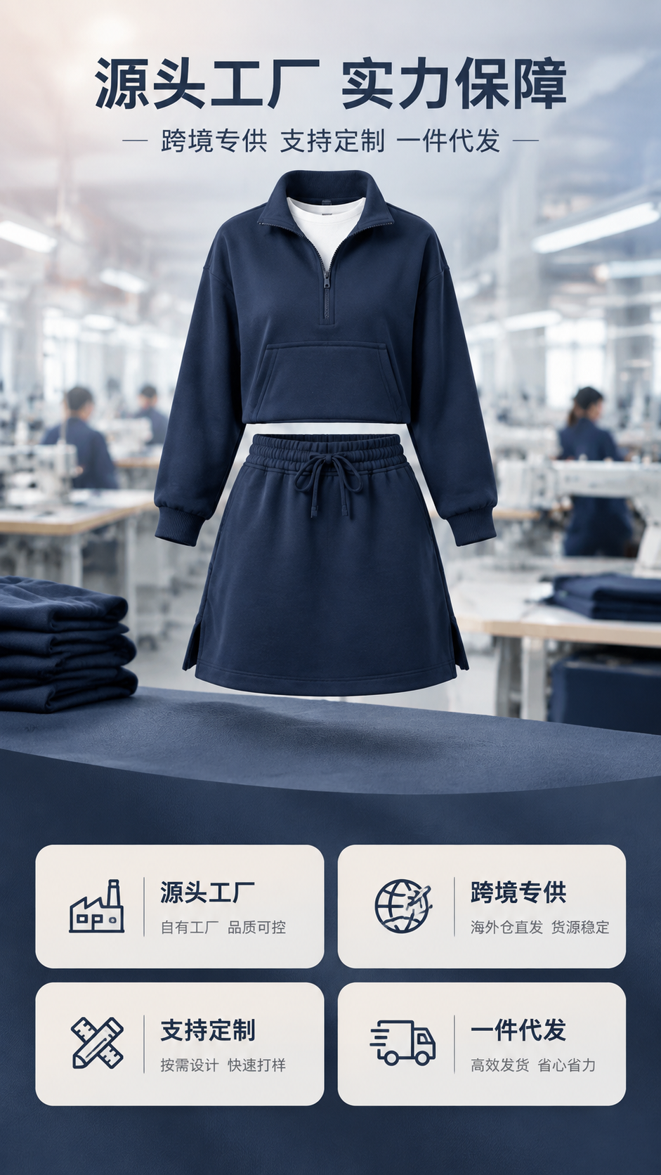 [商品] 使用【图1】藏青色套装作为产品展示元素；保留半拉链立… - 图片创意预览
