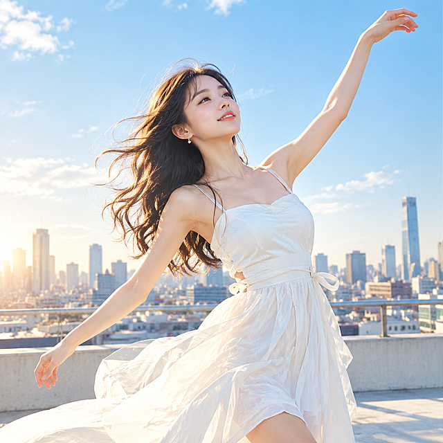 都市情感歌曲封面，简洁明亮风格，一位年轻女歌手在城市天台上轻盈舞动，身姿优雅舒展，背景是晴朗的浅蓝色天空和远处错落的城市建筑轮廓，柔和的日光洒下，整体色调清新明快，以白色、浅蓝、暖金为主，画面干净简约，人物动态优美，带有淡淡的都市浪漫感，细腻写实风格，正方形构图，无任何文字信息