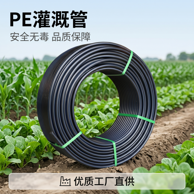 [主图 1] PE灌溉管田园灌溉场景首图，PE灌溉管整卷居中放置在户外农田田埂边，周围是绿油油的农作物，清新自然田园氛围；商业摄影质感，光线柔和通透，产品清晰真实，画面干净高级；保持PE灌溉管外观（物预览效果