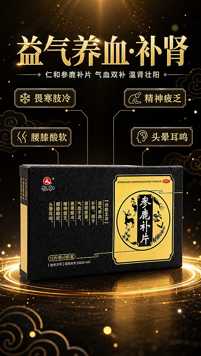 [商品] 使用【图1】仁和参鹿补片黑色药盒；保留黑色磨砂质感盒体、金色圆形图案、"参鹿补片"竖排书法字、仁和红色Logo、"功能主治"金色文字、OTC标识、国药准字Z36021451文字、12片/板×2板/盒规格文字；药盒结构比例、颜色、材质、所有包装文字均保持原貌，清晰可辨，不做任何改写。
[画面] 功效主视觉海报型，黑金高端滋补风格，产品居中偏下，占画面约45%，正面微仰视角度；上方为鎏金大标题区，四周环绕四个症状标签卡片；背景为深邃黑色渐变，点缀金色粒子光效和暗纹祥云图案，底部有金色光晕托起产品；前景有细微金色光斑漂浮，营造高端国药质感；整体阅读动线从上至下。
[视觉] 套系策略：风格=黑金高端国风国药商业摄影；标题字=厚重宋体鎏金效果；正文字=简洁黑体；主色=深邃炭黑；背景延展=基于炭黑做深浅渐变、暗纹祥云、金色粒子光效层级；强调色=鎏金色，仅用于标题、标签边框、图标、引线和光效；标题色=鎏金色带金属光泽；正文色=米白色；组件=金色描边圆角信息卡、细金线引线、中式纹样装饰；光影=顶部暖金柔光+底部金色轮廓光，产品正面清晰。
[文字] 画面上方居中主标题"益气养血·补肾"鎏金大字，字大醒目；主标题下方小字副标题"仁和参鹿补片 气血双补 温肾壮阳"；产品四周分布四个金色圆角标签：左上"畏寒肢冷"、右上"精神疲乏"、左下"腰膝酸软"、右下"头晕耳鸣"；文字均为横排，层级清晰，不遮挡产品核心信息面。
[规格] 图片比例9:16竖版，4K高清，避免变形、错字、文字过小、冷蓝背景、产品颜色改变、包装文字错乱、绝对化用语。