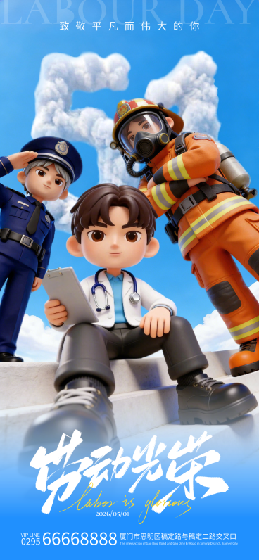 劳动节节日祝福职业人物全屏竖版海报预览效果