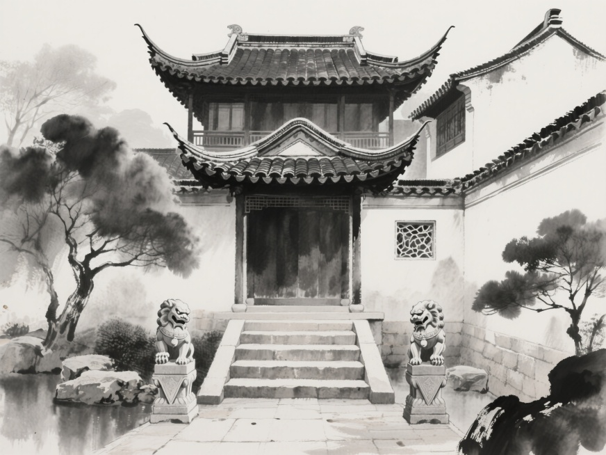 日系风格的中式建筑庭院，水墨风呈现，传统中式楼阁的飞檐翘角，黑白灰的层次晕染，石阶两侧有石狮，整体静谧悠远的东方美学意境预览效果