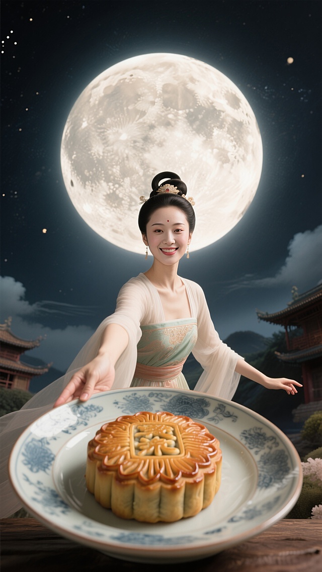 嫦娥（面带微笑）上半身特写，人物看向前方，右手拿着拿着巨大的盘子伸向画面前，左手自然向后延展，盘子里装着广式月饼，强烈的仰视透视感，广角镜头，背景有个大月亮