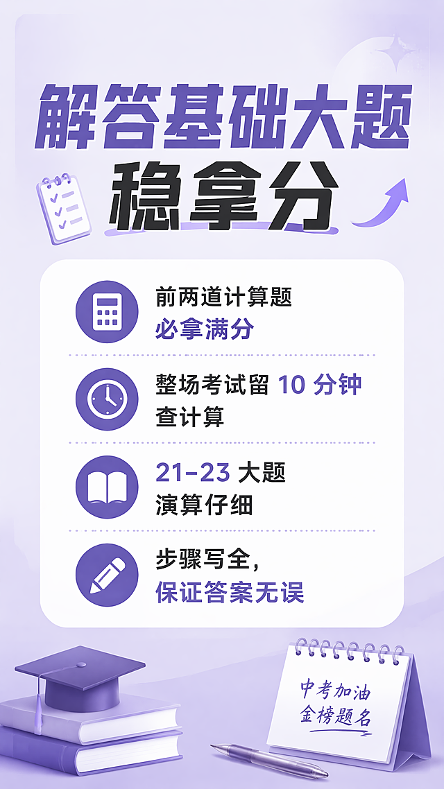 9:16竖版教育类中考提醒海报，简约清晰专业风格，主标题为"解答基础大题稳拿分"，正文为"前两道计算题必拿满分 整场考试留 10 分钟查计算 21-23 大题演算仔细 步骤写全，保证答案无误"，浅紫渐变背景，文字简洁排版，四边留安全边距，所有文字清晰可读，整体专业干净，4K超高清分辨率
