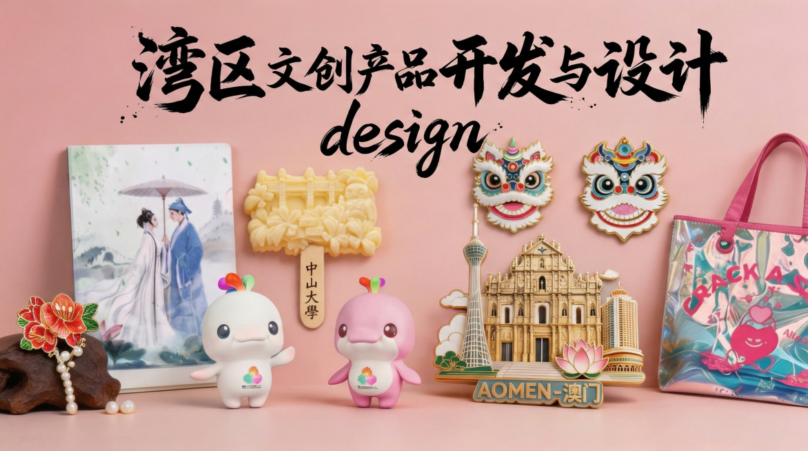 修改海报文字，“湾区文创产品开发与设计”“design”采用豪放洒脱的书法字体，富有艺术感和动感，笔画粗细变化大、形态飘逸，重点突出“湾区”“开发”“设计”三个关键词，保留原有文创元素背景和16:9横预览效果