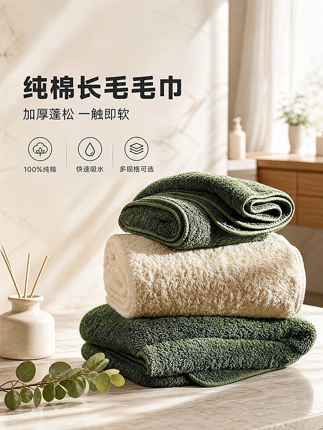 [详情页-1] 纯棉长毛毛巾三件套氛围头图，浴室场景沉浸式展示。
[视觉] 套系策略：风格=温馨居家高级商业摄影；标题字=现代粗黑体；正文字=简洁无衬线体；主色=暖米杏；背景延展=基于暖米杏做深浅层级、同色渐变和细腻织物/石材质感；强调色=橄榄绿，仅用于小面积图标、引线和标签；标题色=深炭灰；正文色=中暖灰；组件=圆角浅底信息卡、细线引线；光影=右前侧暖调自然光。
[商品] 使用图2绿色系毛巾图，保留毛巾的长毛蓬松质感、橄榄绿+米白配色、卷边叠放形态；增强绒毛纹理的立体感和光泽感，让毛巾看起来更饱满厚实，不改变原有颜色和结构。
[画面] 目标营造高端卫浴场景氛围，画面主体为叠放整齐的纯棉长毛毛巾三件套（浴巾、面巾、方巾），放置在浅米色大理石台面上。背景是现代化浴室环境：白色大理石墙面、木质浴室柜一角、半透明浴帘虚化在远处。右侧有温暖的自然光从窗户洒入，在毛巾和台面上形成柔和光斑。台面上点缀一小枝绿色植物和一个白色陶瓷香薰瓶，增加生活气息。主体占画面约55%，前景台面、中景毛巾、后景浴室环境三层景深。
[文字] 画面左侧留白区域放主标题"纯棉长毛毛巾"，副标题"加厚蓬松 一触即软"，下方三个短卖点横向排列："100%纯棉"、"快速吸水"、"多规格可选"。文字不遮挡毛巾主体。
[规格] 图片比例3:4竖版，2K，避免变形、错字、文字过小、冷蓝/蓝灰背景、毛巾颜色改变、质感失真。