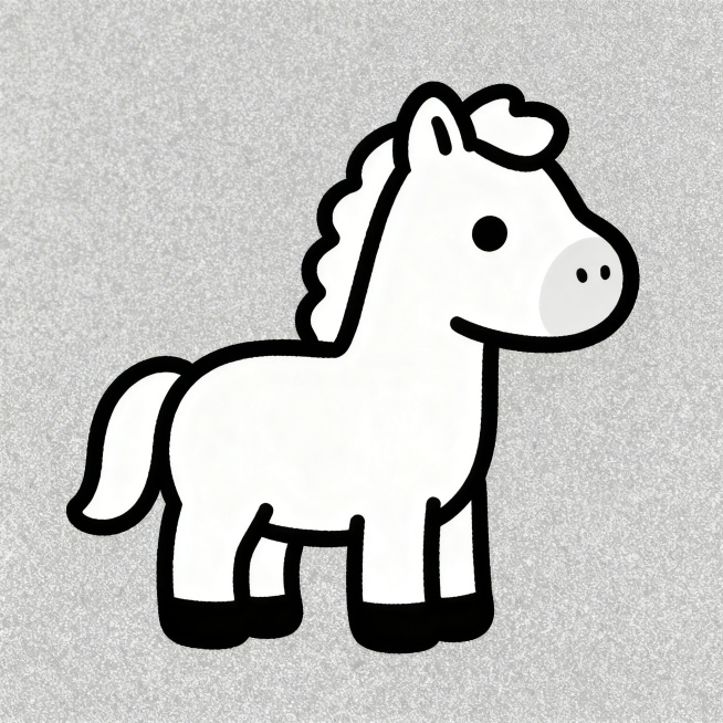 简笔画风格的小马，线条简洁流畅，造型可爱圆润，黑白单色，画面干净清爽预览效果