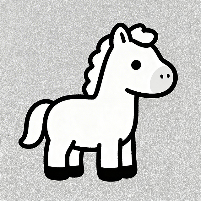 简笔画风格的小马，线条简洁流畅，造型可爱圆润，黑白单色，画面干净清爽
