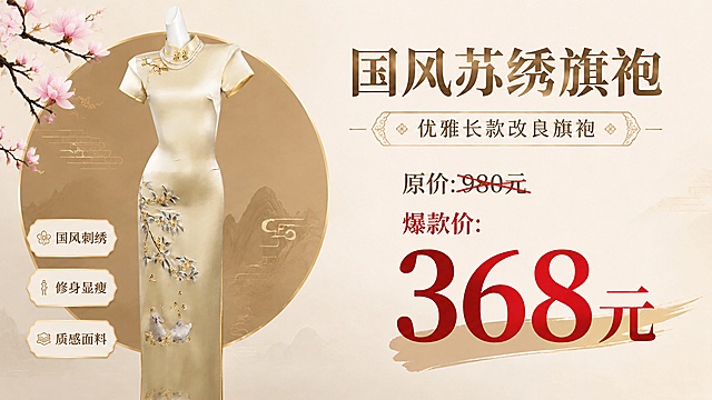 修改这张旗袍促销kt版海报：1. 只加深包围旗袍的圆圈背景颜色，圆圈外的其他背景保持原样不变；2. 将标题文字从"国风刺绣旗袍"修改为"国风苏绣旗袍"；3. 将画面左上角的装饰花替换为参考图中的粉色玉兰花。保持原有内容布局：左侧放置浅香槟色刺绣长款旗袍，右侧上方"原价: 980元"划掉，下方"爆款价: 368元"醒目标示，左侧三个卖点标签不变，版式精美，文字清晰，商品主体突出。