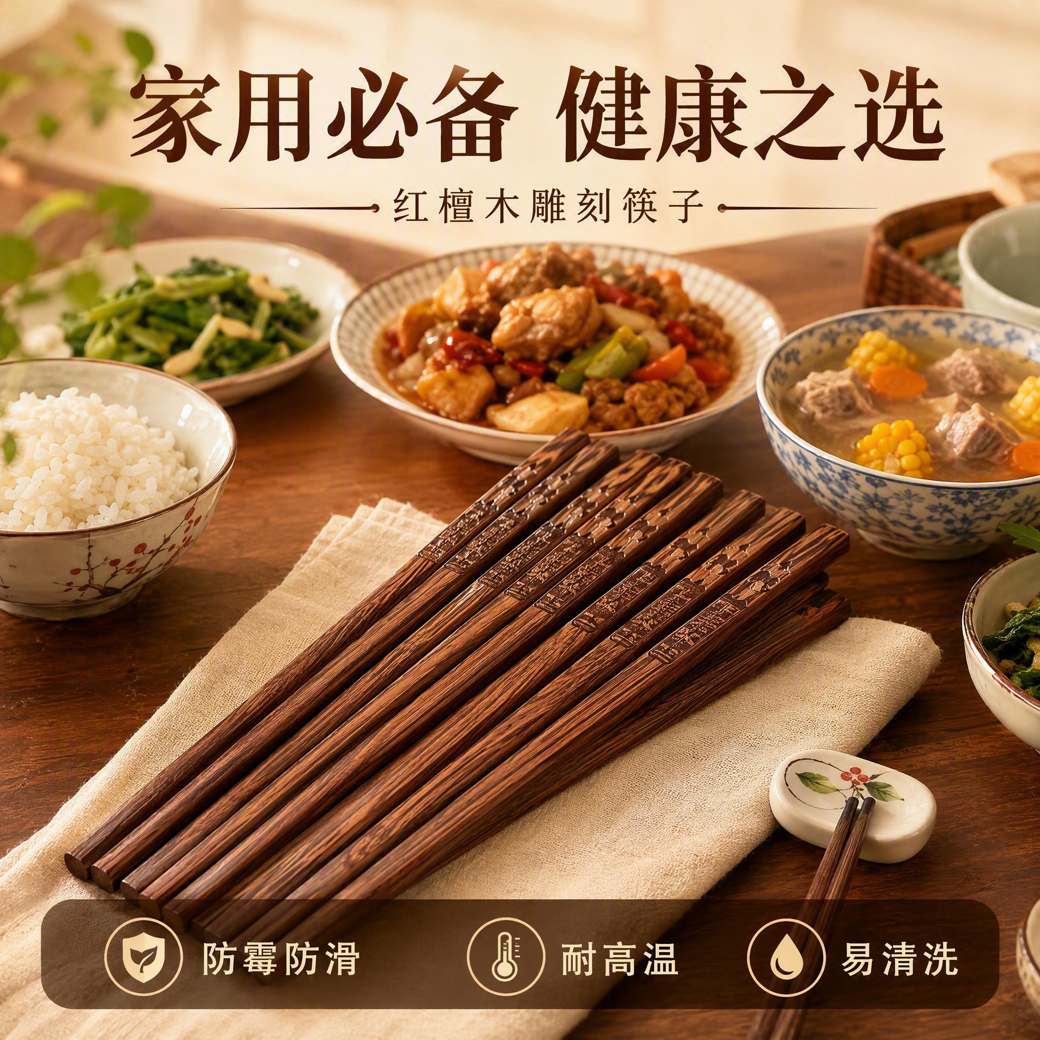 淘宝天猫电商主图，1:1正方形，红檀木雕刻筷子场景展示图，筷子… - 图片创意预览