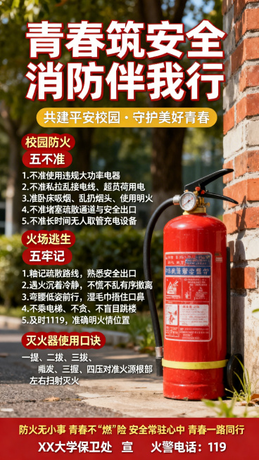 竖版正式青春风大学校园消防宣传海报，顶部大字主标题："青春筑安全 消防伴我行"，副标题："共建平安校园 · 守护美好青春"，左侧和中部主体内容排版：校园防火“五不准” 1. 不准使用违规大功率电器 2预览效果