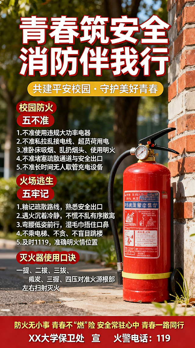 竖版正式青春风大学校园消防宣传海报，顶部大字主标题："青春筑安全 消防伴我行"，副标题："共建平安校园 · 守护美好青春"，左侧和中部主体内容排版：校园防火“五不准” 1. 不准使用违规大功率电器 2. 不准私拉乱接电线、超负荷用电 3. 不准卧床吸烟、乱扔烟头、使用明火 4. 不准堵塞疏散通道与安全出口 5. 不准长时间无人看管充电设备，火场逃生“五牢记” 1. 牢记疏散路线，熟悉安全出口 2. 遇火沉着冷静，不慌不乱有序撤离 3. 弯腰低姿前行，湿毛巾捂住口鼻 4. 不乘电梯、不贪财物、不盲目跳楼 5. 及时拨打119，准确说明火情位置，灭火器使用口诀：一提、二拔、三握、四压 对准火源根部，左右扫射灭火，底部标语："防火无小事 青春不“燃”险 安全常驻心中 青春一路同行"，最下方落款："XX大学保卫处 宣 火警电话：119"，整体排版整齐，青春正式风格，大学校园消防主题，配色鲜明醒目