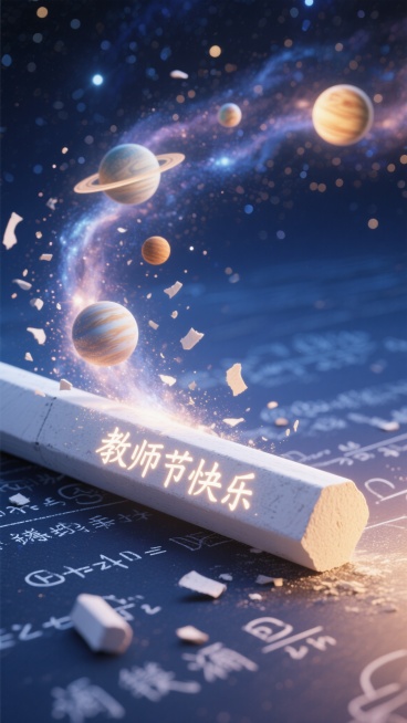 一支白色粉笔横卧于深邃蓝色星空背景中，粉笔屑如同星云般从粉笔头飘散开来，凝聚成一个个星球。粉笔身上用发光字体刻着“教师节快乐”，星云中若隐若现着数学公式和古文诗词。一束暖光从侧面打亮粉笔，画面呈现超现预览效果
