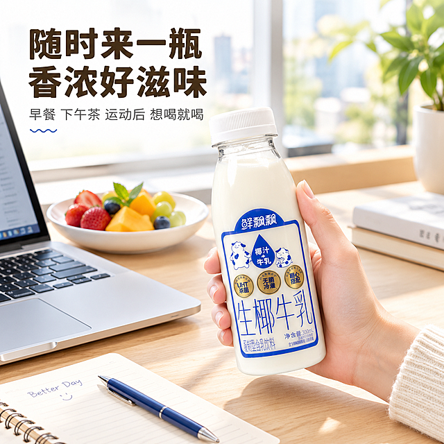 [主图-4] 场景与体验 日常饮用生活方式主题。
[统一基调] 清新自然品质感 奶白与椰青蓝为主色调 标题字用粗黑体深棕色 辅助文字用浅灰色 强调色用椰青蓝 整体干净通透有食欲 专业电商摄影风格。
[画面] 第一人称视角的办公桌场景 鲜飘飘生椰牛乳瓶放在浅色办公桌上 旁边有打开的笔记本电脑和一支笔 还有一小盘新鲜水果 营造下午茶或工作间隙饮用的轻松氛围。一只手正握着瓶子准备饮用 手部自然放松 动作真实。背景是明亮的办公室环境 柔和虚化 阳光从窗户照入 形成温暖的光影。产品瓶身完整 标签清晰 占画面约35%。
[光影质感] 自然窗边光 明亮柔和 产品和桌面有自然阴影 整体氛围温馨舒适 生活化摄影质感 让人产生代入感。
[配色] 背景暖白色调 桌面浅木色 产品奶白色 标题深棕色 辅助文字灰色 整体明亮温暖有生活气息。
[文字版式] 画面左上角主标题"随时来一瓶 香浓好滋味" 下方小字"早餐 下午茶 运动后 想喝就喝"。文字放在左上角负空间 不遮挡产品和手部动作。主标题粗黑体 说明文字缩小60%。
[输出要求] 1:1正方形比例 文字清晰可读 产品清晰 场景自然真实 不变形 不错字 不模糊 无杂乱元素 无水印 无平台Logo。禁止出现极限词和医疗功效宣称。手部正常自然 无畸形手指。