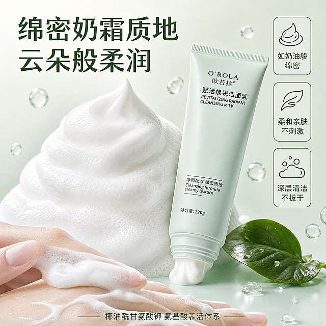 [主图-3] 欧若拉赋活焕采洁面乳 质地与肤感展示 绵密奶霜泡沫主题。
[统一基调] 清新植萃水润风格，背景主色为浅薄荷绿渐变到奶白色，标题字色深墨绿，辅助字色灰绿，强调色浅金绿，字体为干净非衬线体，字号层级分明，卡片用圆角半透明白色底配细绿边，图标为简约线性绿色图标。
[画面] 画面主体为绵密奶霜质地的泡沫特写，占据画面中心偏左位置，泡沫堆成小山状，细腻绵密有光泽，像打发的奶油一样柔软蓬松，泡沫表面有细腻的气孔纹理，顶部有轻微的高光。泡沫右侧放置欧若拉赋活焕采洁面乳（淡绿色软管包装），产品倾斜靠在泡沫旁，管口有少量奶白色膏体溢出，展示产品质地。背景是柔和的浅薄荷绿到奶白渐变，有几滴水珠在空中漂浮，右下角有一片新鲜绿叶点缀。画面下方有一只手的局部（手背朝上），手指上沾有绵密泡沫，展示泡沫的触感和延展性。
[光影质感] 微距摄影质感，柔光箱布光，泡沫表面有柔和的光泽和细腻的明暗过渡，体现绵密柔软的质感，膏体有乳霜般的光泽，水珠晶莹剔透。
[配色] 主色奶白色泡沫+浅薄荷绿背景，产品淡绿色，点缀深墨绿文字和叶片绿色。
[文字版式] 画面上方主标题"绵密奶霜质地 云朵般柔润"深墨绿色粗体大字，分两行。主标题右侧有三个竖排小标签："如奶油般绵密"、"柔和亲肤不刺激"、"深层清洁不拔干"，每个标签配一个小图标。底部有一行小字"椰油酰甘氨酸钾 氨基酸表活体系"。文字都放在画面负空间，不遮挡泡沫和产品主体。
[输出要求] 比例1:1，文字清晰可读，泡沫质感真实细腻，产品清晰不变形，无错字，画面干净有质感，无水印，无平台Logo，无多余手指畸形。