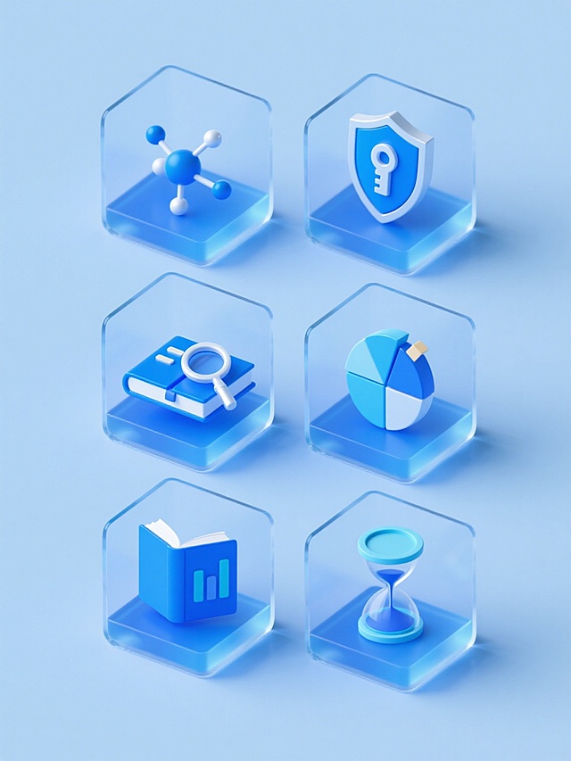 纯色背景上，6个等大的立体方形透明玻璃展示盒以3x3网格规整排布，每个盒子内含一个不同造型的蓝色系金融科技UI图标元素，包括分子结构、带钥匙盾牌、书本、带放大镜图表、立体饼图、沙漏，保持原有的简洁2.5D风格、渐变光影和清晰轮廓，整体变换为统一的蓝色调，无任何文字、LOGO及二维码