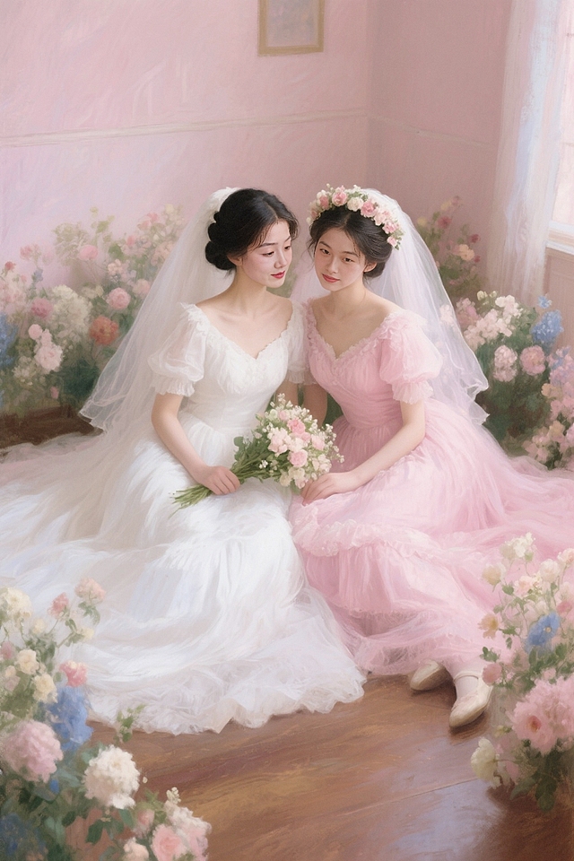 两个女生靠着对方坐在房间的地上，被花包围，左边女生穿着白色婚纱，盘发，拿着捧花，右边女生穿着粉色婚纱，两个人都带着花头纱，高清摄影，莫奈风