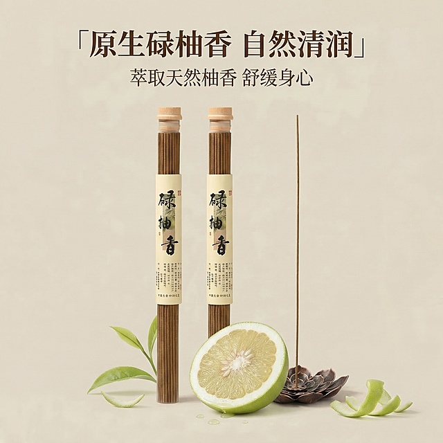 1:1竖版电商主图，严格还原上传的碌柚香线香产品图，包括透明管包装、木质瓶盖、竖排书法标签“碌柚香”、莲花香插的所有设计细节、颜色、LOGO位置、文字内容、图案元素，产品外观必须与参考图完全一致，不得改变包装设计、配色方案或品牌元素，保持线香的哑光木质质感、香插的古铜金属质感。画面中心展示碌柚香线香管装与切开的新鲜碌柚、带露柚子叶，背景为柔和米色，营造天然清新氛围。主标题：「原生碌柚香 自然清润」，副标题：「萃取天然柚香 舒缓身心」，文字采用古风衬线字体，竖排排版，与品牌风格统一。整体排版精致如杂志，视觉高级统一，30秒内抓住用户注意力。禁止改变产品包装设计、配色、LOGO位置，禁止添加无关元素，禁止模糊产品细节，禁止改变线香和香插的材质质感，禁止使用非碌柚相关的水果元素，禁止文字排版杂乱，禁止画面风格割裂，禁止产品尺寸比例失调。