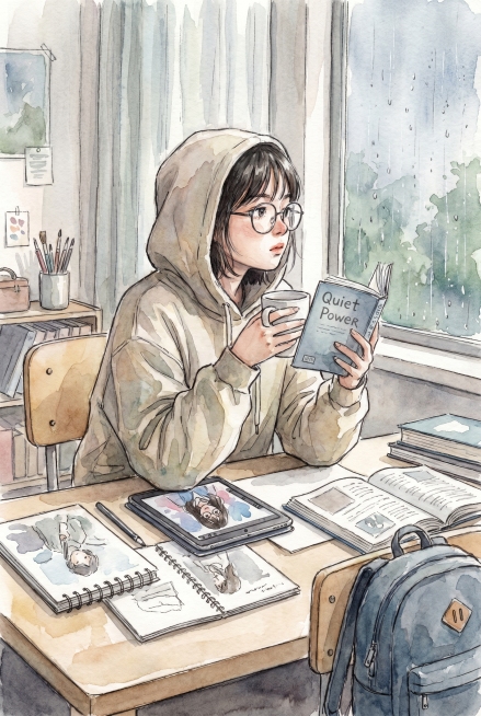 水彩绘画风格，人物形象是性格内敛的高中女生林晓，艺术生，就读数字媒体艺术专业，文理学业压力大容易焦虑内耗，在日常学习中自我调节心态，安静的学习氛围预览效果