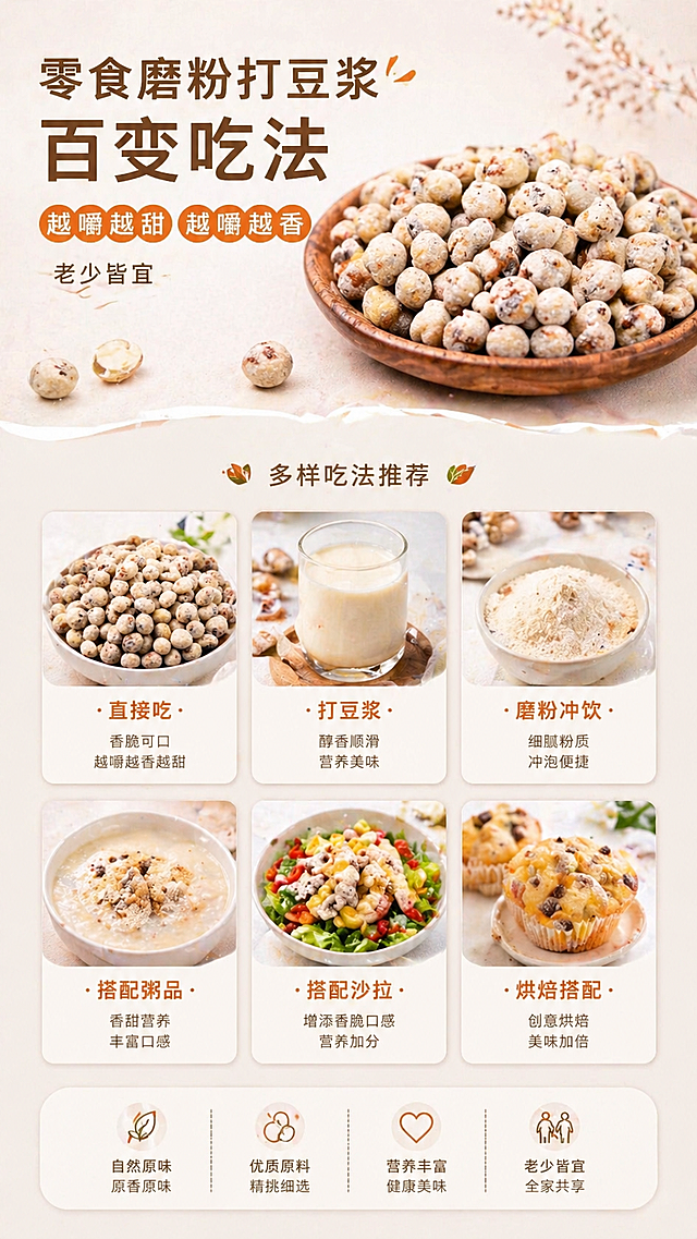 油莎豆电商详情页食用吃法推荐页，文案：零食磨粉打豆浆，百变吃法，越嚼越甜，越嚼越香，老少皆宜。结合油莎豆产品展示，排版清晰介绍多样吃法，干净自然的食品设计风格，9:16竖版，使用提供的油莎豆素材