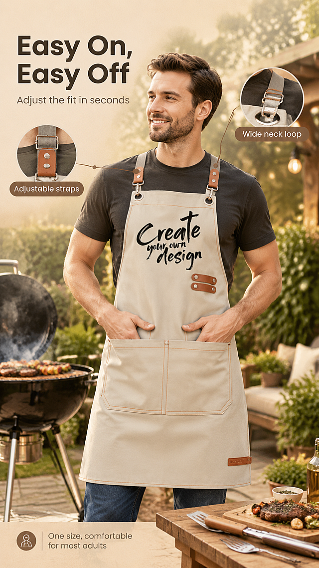 [商品] 使用【图1】米白/卡其帆布围裙模特图：保留胸前"Create your own design"印花、三个口袋、宽幅灰织带+棕色皮革可调节肩带、古铜挂钩、橙棕明线与米白卡其色；自然去除杂乱褶皱、理顺垂坠，增强面料与缝线质感，不改变版型颜色结构。
[画面] 目标=详情页第7张真人使用场景页，欧美成年男性在暖色庭院/露台烧烤架前穿着围裙站立，双手自然放在口袋上方，展示可调节背带与宽大颈挂环，产品占画面60%，前景烧烤工具与木托盘、中景人物完整、后景花园绿植与暖灯虚化；两条引线指向肩带与颈挂结构；构图=左文右物场景，景别=中景人物，阅读动线=标题→人物→结构引线。
[视觉] 套系策略：风格=跨境极简高级商业摄影；标题字=现代无衬线粗体；正文字=简洁无衬线体；主色=米白卡其；背景延展=基于米白卡其做深浅层级、暖色同色渐变与细腻帆布/亚麻质感；强调色=棕褐，仅用于小面积图标、引线、标签；标题色=深炭棕；正文色=中暖灰；组件=圆角浅底信息卡、细线引线、胶囊标签；光影=左前侧暖柔光。
[文字] 左侧留白主标题"Easy On, Easy Off"，副标题"Adjust the fit in seconds"；肩带引线"Adjustable straps"，颈部引线"Wide neck loop"；底部小字"One size, comfortable for most adults"；全部横向排版，不遮挡人物面部与围裙主体。
[规格] 9:16竖版，2160x3840像素，4K，避免变形、错字、文字过小、竖排文字、冷蓝/蓝灰背景、亚洲面孔、围裙颜色改变、版型失真、水印、仿制品牌Logo、绝对化用语。