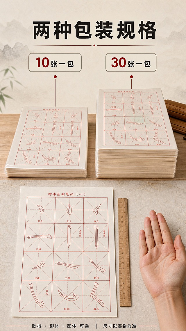 [商品] 使用【图4】86.jpg 与【图5】87.jpg（实拍正反两面）、【图6】88.png 作为实物尺寸参照素材，用其纸张边缘与参照物体现真实大小；辅助参考【图1】83.png、【图2】84.png、【图7】89.jpg、【图8】90.jpg、【图3】85.jpg。所有传图仅作参考，不得拼贴成多图网格；纸面原有文字、描红内容与贴纸标签保留清晰，不得改写或新增包装文字。
[画面] 目标：把两种包装规格说清楚，便于批发选量。构图骨架：竖版上下分区；上半部为两种规格的对比展示：左侧一小叠（约10张厚度）与右侧一大叠（约30张厚度）并列平放，厚度差异清晰，上方各配一枚横向规格卡；下半部为一张描红纸的平铺实拍，旁边放一把尺子或手掌作尺寸参照（不标注具体数值）；主体占画面约70%，约30°微俯视；三层视觉：规格卡层、叠层商品、参照物。
[视觉] 套系策略：风格=中式文房雅致商业摄影，干净克制有质感；标题字=现代中黑简体粗体、横排；正文字=简洁无衬线中黑、横排；主色=宣纸米白 #F3EEE3；背景延展=基于米白宣纸做深浅层级与细腻纸张纤维质感，辅以浅墨灰晕染与浅木色案面；强调色=朱红 #C8342B，仅用于小面积标签、小圆点与细引线；标题色=墨黑 #1E1A17；正文色=深暖灰 #5A544D；组件=细线圆角信息卡、朱红小圆点标签、细引线；光影=左上方柔光，叠层侧面有浅投影体现厚度。
[文字] 全部文字仅横向排版，禁止竖排、斜排、单字竖列、旋转排。主标题「两种包装规格」；两枚规格卡「10张一包」「30张一包」；底部一行小字「欧楷 · 柳体 · 颜体 可选 ｜ 尺寸以实物为准」；表格与文字均横排，不遮挡商品主体。
[规格] 图片比例9:16竖版，2K，避免变形、错别字、乱码文字、文字过小、竖排文字、平台Logo/水印/二维码、绝对化用语、描红纸内容错乱、凭空新增的包装袋或礼盒。