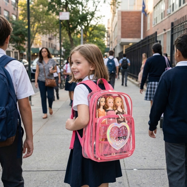 A 9-year-old white girl is carrying the pink transparent backpack with dolls inside, the product fro预览效果