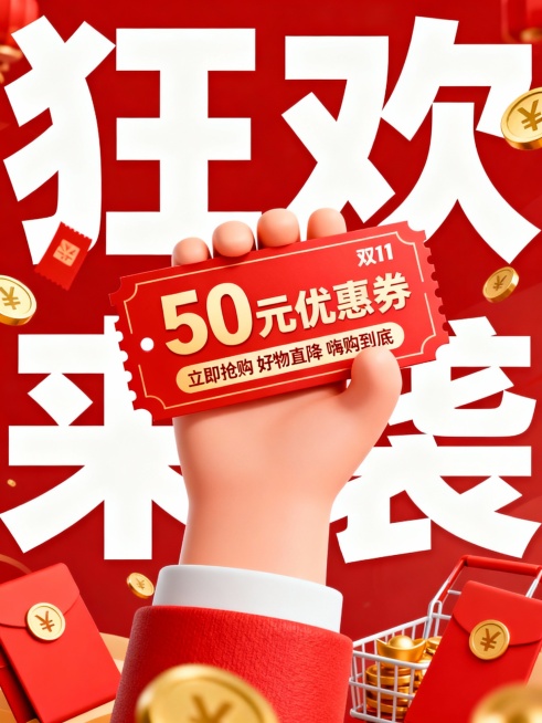 以红色为主色调的促销海报，背景是白色巨型艺术字“狂欢”“来袭”，画面核心是一只手握着红色票券式“50 元优惠券”，券面标注“立即抢购 好物直降 嗨购到底”，周围点缀金币、红色购物券等元素，整体风格热烈预览效果