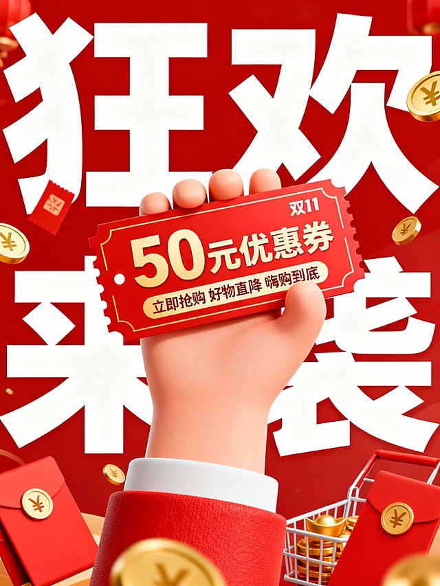 以红色为主色调的促销海报，背景是白色巨型艺术字“狂欢”“来袭”，画面核心是一只手握着红色票券式“50 元优惠券”，券面标注“立即抢购 好物直降 嗨购到底”，周围点缀金币、红色购物券等元素，整体风格热烈喜庆，突出双 11 优惠券发放的促销氛围与福利吸引力，高清晰度，色彩鲜艳，构图饱满