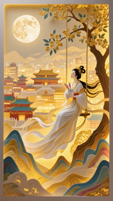 远景是嫦娥在月桂树下荡秋千，嫦娥手中抱着玉兔，中景为故宫和古今代建筑群，伴随着万家灯火和光影，近景是层峦叠嶂，暖黄和金色色调，刺绣风格预览效果