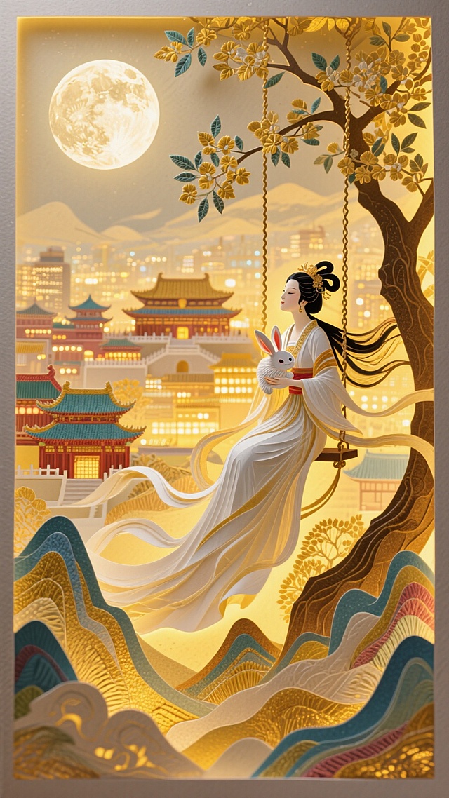 远景是嫦娥在月桂树下荡秋千，嫦娥手中抱着玉兔，中景为故宫和古今代建筑群，伴随着万家灯火和光影，近景是层峦叠嶂，暖黄和金色色调，刺绣风格