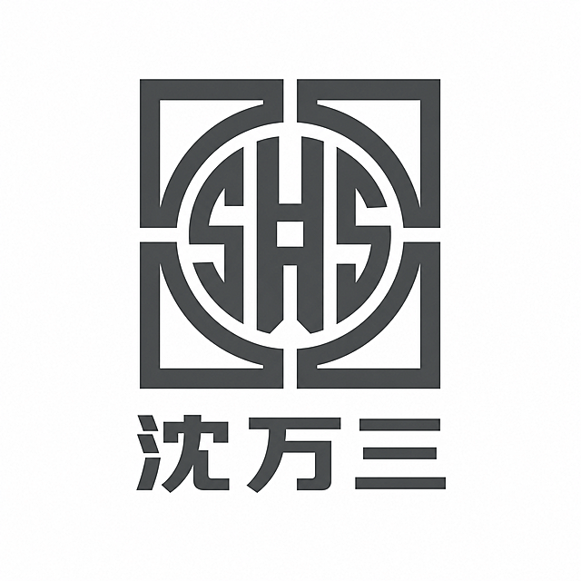 企业品牌LOGO，华为现代稳重极简风格，以“匠心守味、诚信立业”为设计理念。整体采用方正对称的几何徽章造型，内部由首字母SWS线条化组合而成，线条硬朗利落，融入铜钱纹理寓意诚信商道。下方搭配等宽无衬线粗体“沈万三”，单色哑光深灰配色，扁平化矢量，无渐变无多余装饰，庄重大气，适配品牌主视觉、门店门头、企业VI系统。