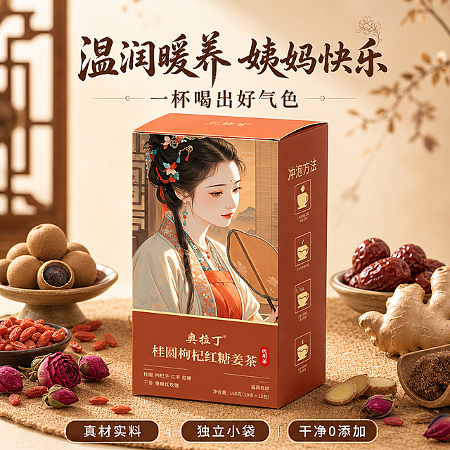 [第1屏] 详情页头图，奥拉丁桂圆枸杞红糖姜茶产品宣传海报。本屏使用【图2】作为商品主体。
[氛围/风格] 国风养生氛围，暖棕大地色系，温馨自然，商业摄影质感，突出传统养身茶饮的高级感。
[元素布局] 产品包装盒放置在画面中下区域，占比约70%；包装盒周围环绕散落桂圆、枸杞、红枣、干姜、玫瑰等真实原料作为前景装饰；上方预留主标题区域，底部预留副标题和信息点区域；产品包装盒的外观、结构、文字信息和颜色与输入产品图保持完全一致。
[光影质感] 顶部柔光打光，产品下方保留自然柔和阴影，包装盒和原料表面高光清晰可见，整体明暗层次均匀，商品细节清晰。
[配色色系] 全局底色 #F8F0E3，主色暖棕红，辅助色浅米黄、深棕色。
[视角构图] 正面平视视角，产品为绝对视觉中心，阅读动线从上到下，从上到标题，中到产品，下到卖点。
[文字版式] 版式为上标题 + 中产品 + 下卖点。主标题「温润暖养 姨妈快乐」，副标题「一杯喝出好气色」，采用温润书法感字体，深棕色居中对齐；底部三个卖点信息条：「真材实料」「独立小袋」「干净0添加」，圆角棕底白字；所有文字不遮挡产品主体，文字大小适配移动端清晰可读。
[比例分辨率] 3:4 竖版比例，4K分辨率，高清画质，文字清晰可辨。
[负向提示词] 产品变形，包装文字错乱，颜色偏差，缺件错件，水印，文字过小，背景杂乱，文字模糊。