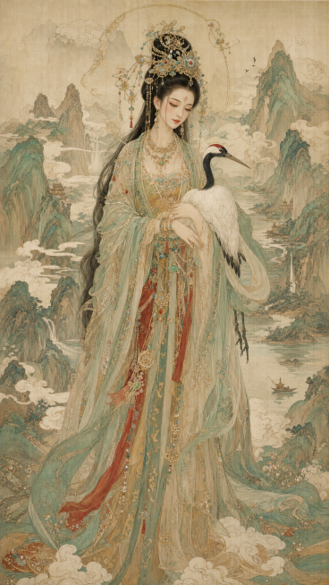 竖版全身人像，仿古绢帛工笔重彩国画，新中式精细白描，绢本宣纸做旧泛黄肌理，女娲，精致鹅蛋脸，眉间朱砂花钿，细长丹凤眼，温婉低垂眉眼，繁复点翠鎏金头饰，华丽的轻纱绸缎服饰，金银宝石璎珞配饰，手持仙鹤；背预览效果